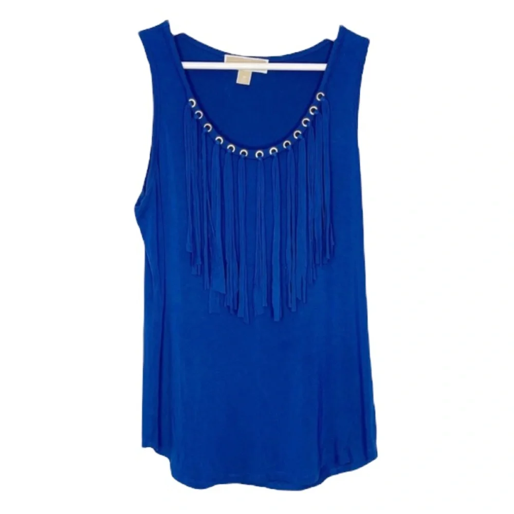 MICHAEL KORS Blue Tank Top with Fringe & Rivets, M - Picture 2 of 16
